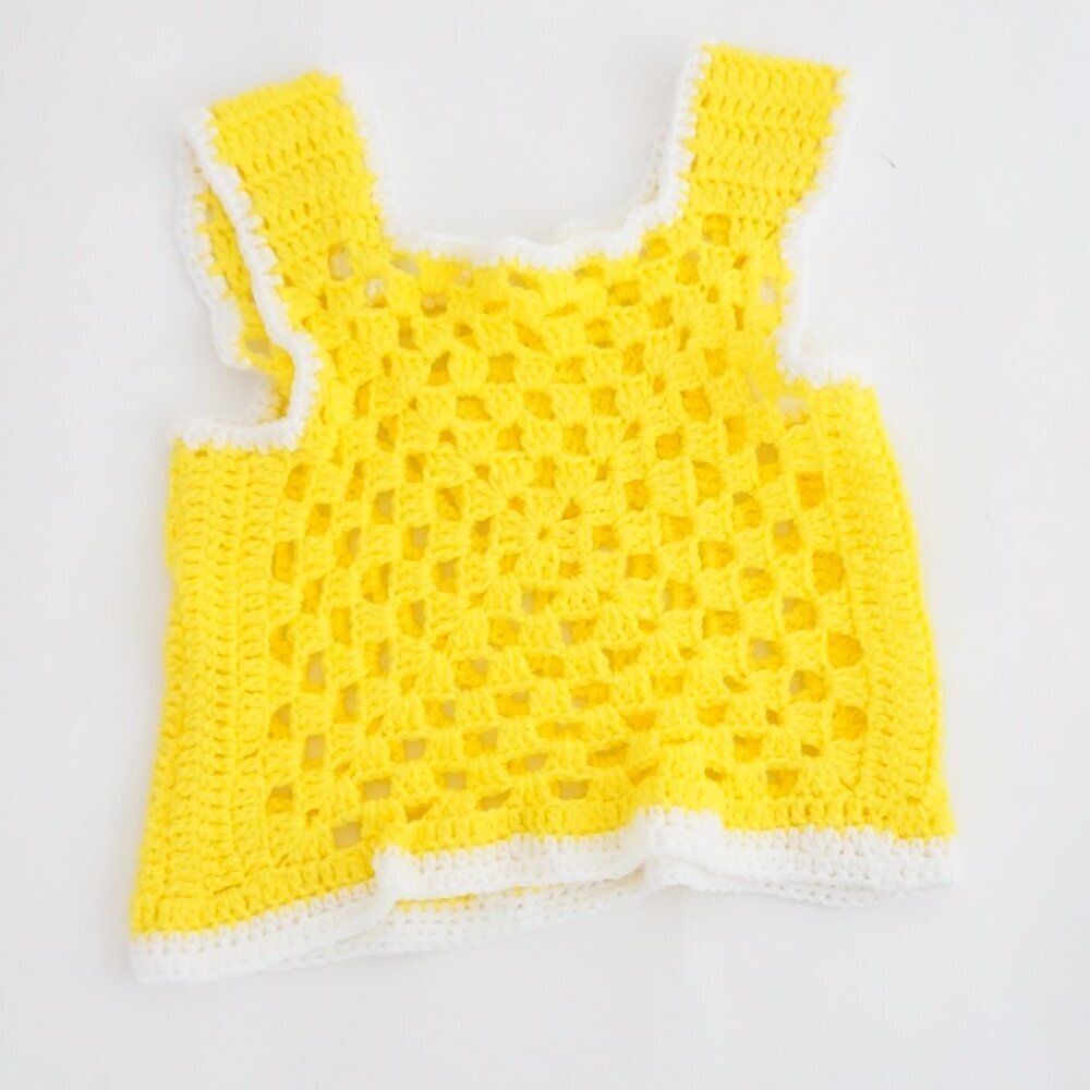 Vintage Yellow White Hand Crochet Open Knit Sleeveless Sweater Vest Top S